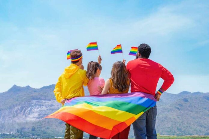 Group of friends with rainbow flags facing mountains