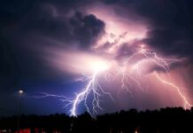 Doorbell Drama: Lightning Turns Yard Into Fire Lightning bolts illuminate storm clouds over a dark horizon
