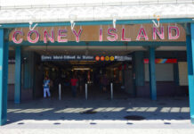 Entrance to Coney Island subway station with people walking
