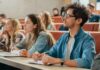 Students listening in a university lecture hall