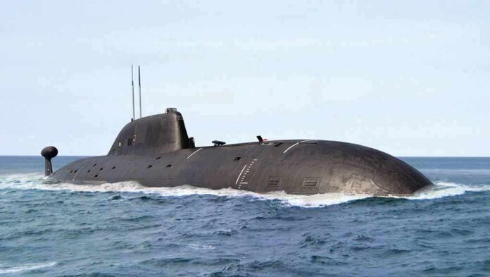 Submarine cruising on the ocean surface