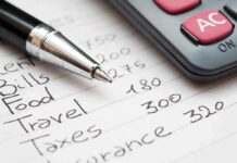 Budget list with pen and calculator
