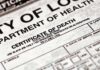 Close-up of a California death certificate document