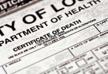 Close-up of a California death certificate document