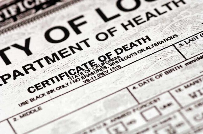 Close-up of a California death certificate document