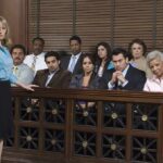 Attorney pointing toward the jury in a courtroom