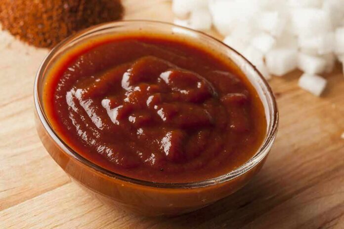 Bowl of thick barbecue sauce on a wooden surface