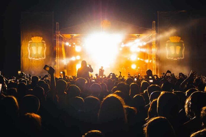 Crowd at a nighttime concert with bright stage lights