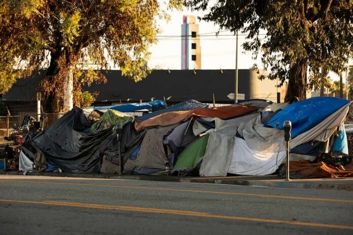 Street encampment with tarps and makeshift tents by roadside
