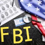 FBI letters with fingerprint sheet, badge, magnifying glass, and US flag