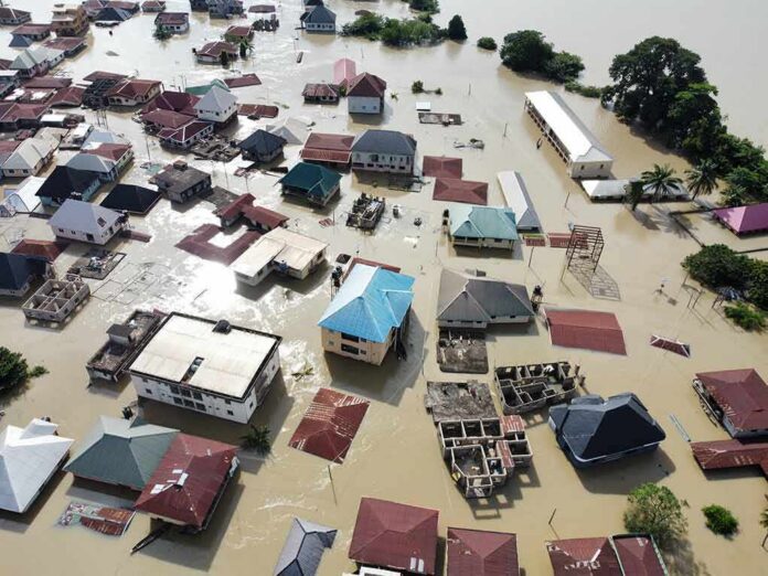 Aerial view of flooded residential neighborhood
