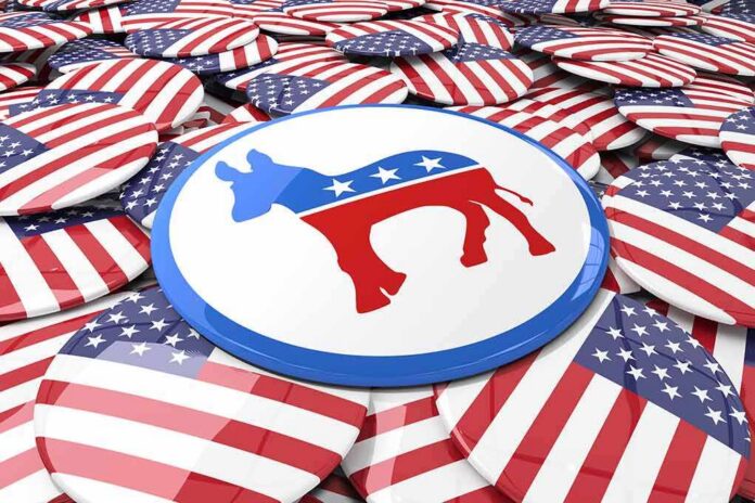 Democratic donkey symbol on a campaign button