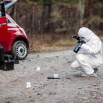 Forensic investigator photographing evidence near a red car on a rural road