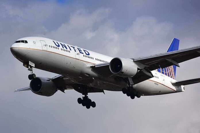 Commercial airliner approaching landing with landing gear down
