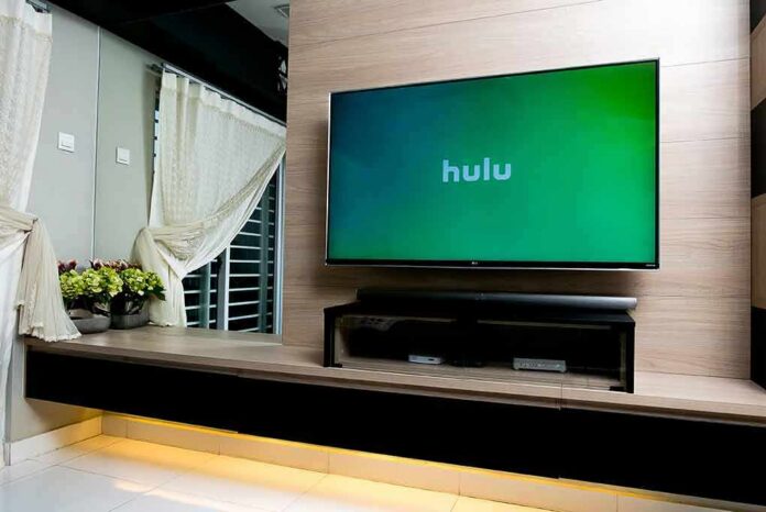 flat-screen TV on wood wall with streaming app open