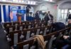 White House press briefing room with empty seats and cameras