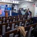 White House press briefing room with empty seats and cameras