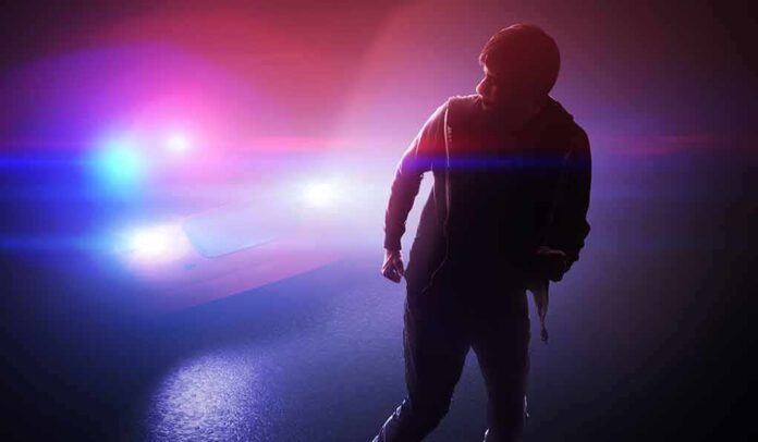 silhouetted person in front of police car with flashing lights