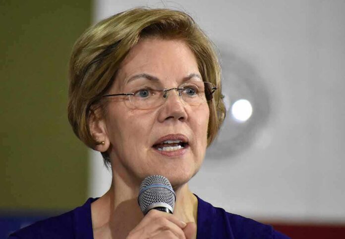 Elizabeth Warren speaking into a microphone