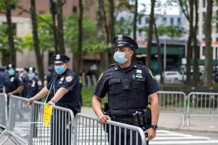 Walter Jones, a police officer in a face mask standing by metal barricades