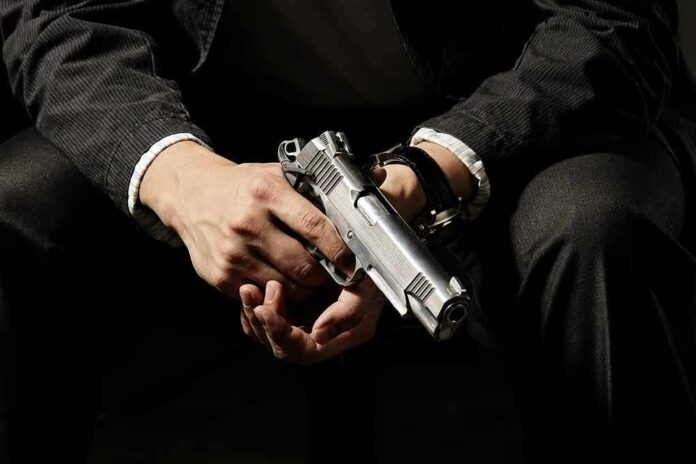 person holding a silver handgun