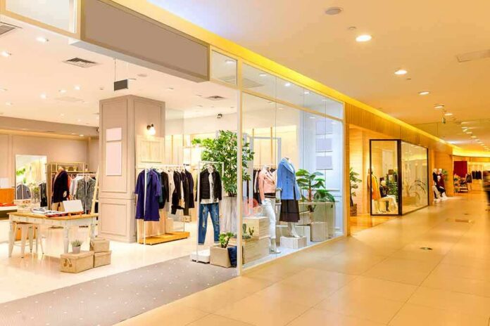 Clothing boutique in a shopping mall with mannequins and racks